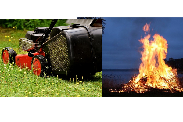 photo d'une tondeuse et d'un feu de déchets verts