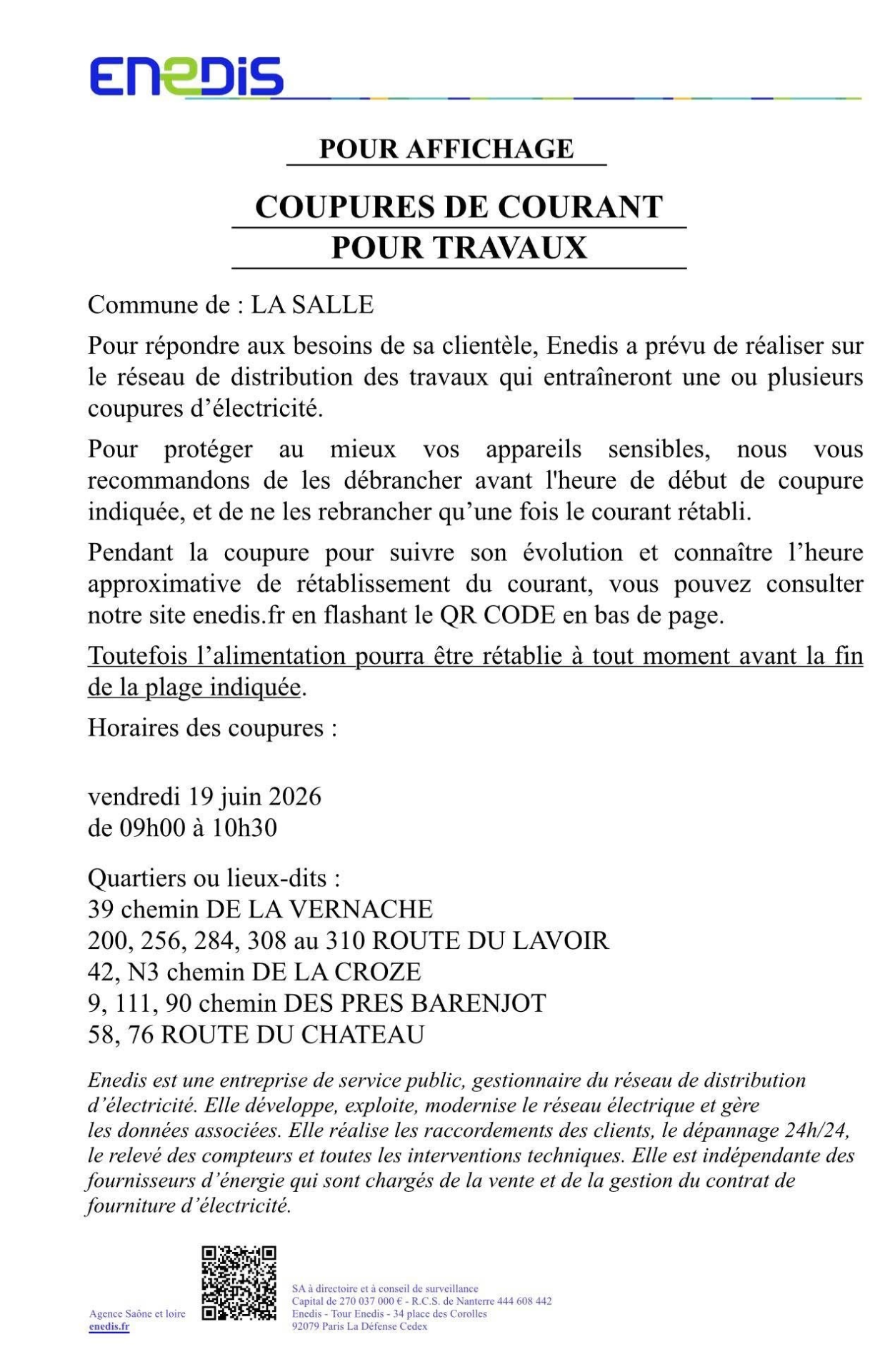 Coupures Enedis 19/06/2026